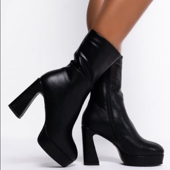 AZALEA WANG BAD GIRLS ONLY CHUNKY BOOTIE BLACK VEGAN LEATHER PLATFORM HEEL BOOTS - Picture 2 of 9